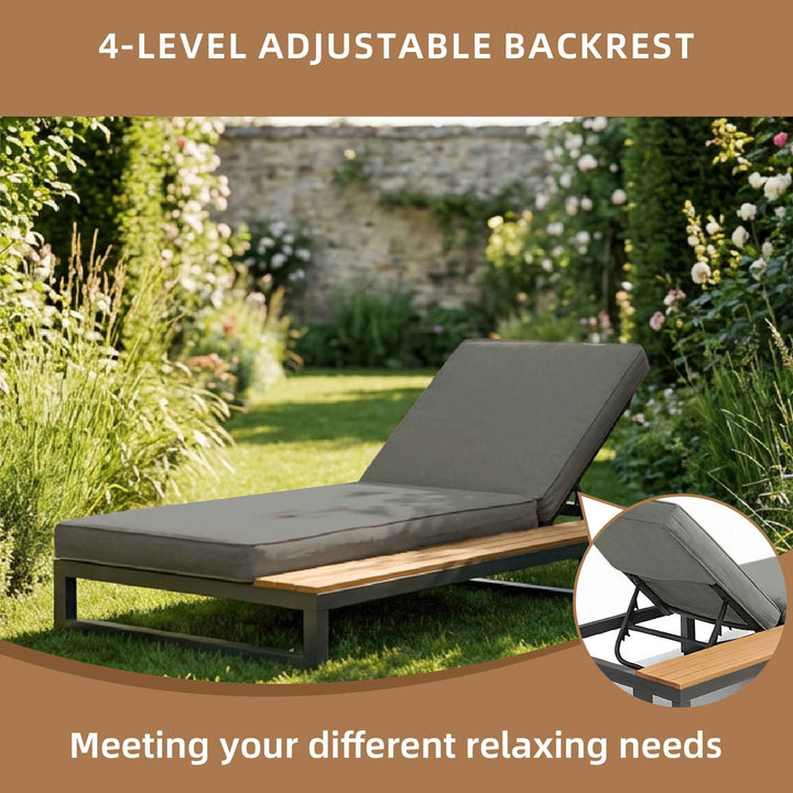 Modern outdoor chaise lounge grey with teak wood side table,4-position adjustable sunlounger QUASARKRYNN