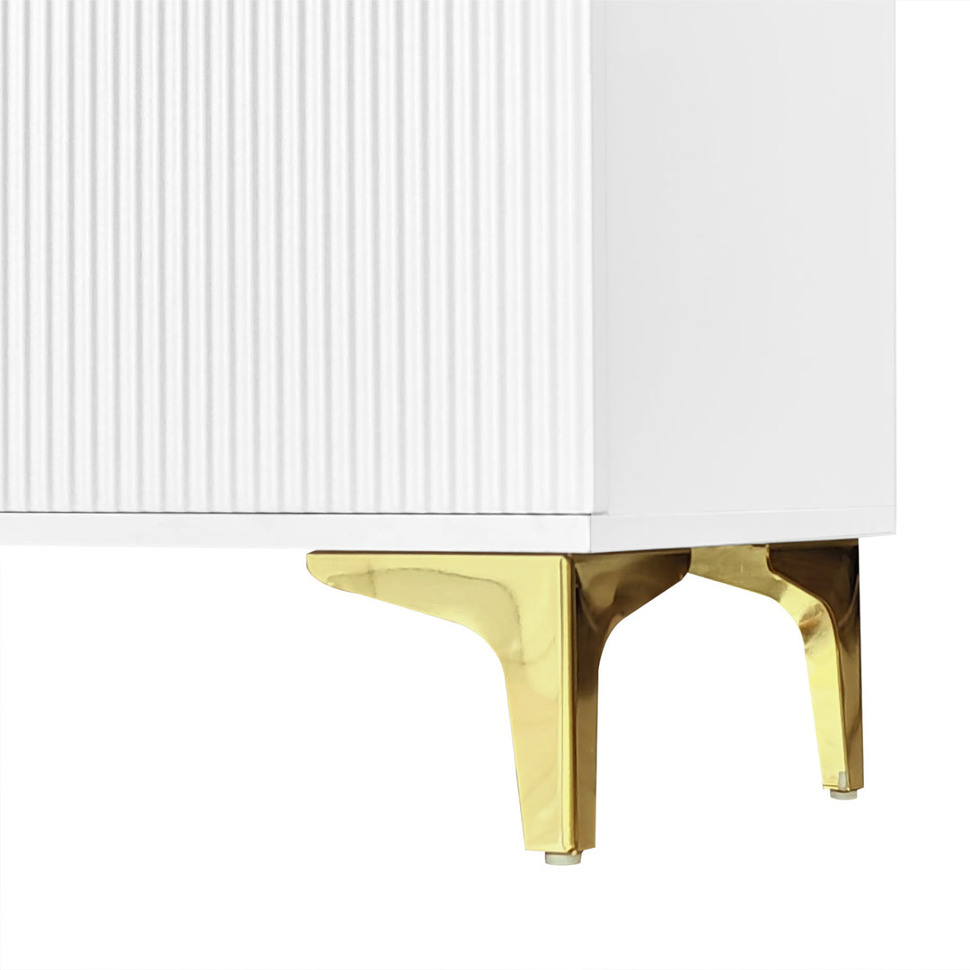 White shoe cabinet with textured panels and golden legs FERNCREST UK