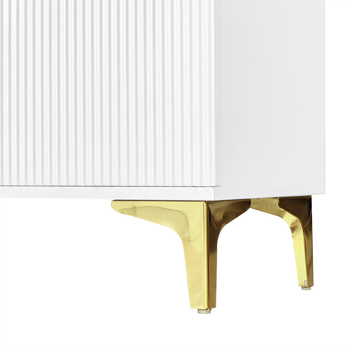 White shoe cabinet with textured panels and golden legs FERNCREST UK