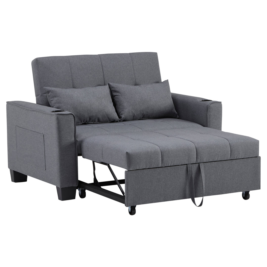 Gray fabric convertible 2-seater sofa bed pull-out design, adjustable backrest, and storage FROSTSTONE