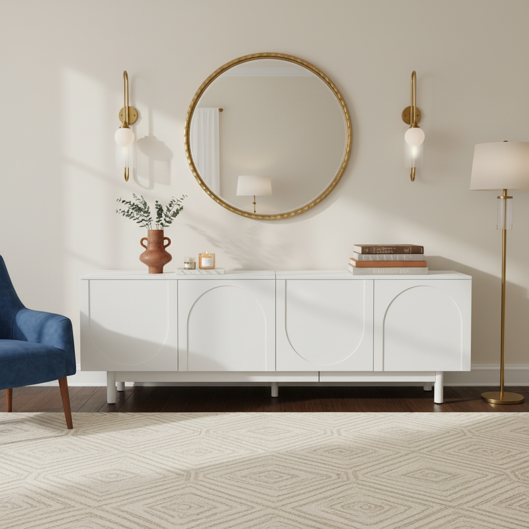 Modern white TV cabinet with 4 push-to-open storage doors RCEPTOR