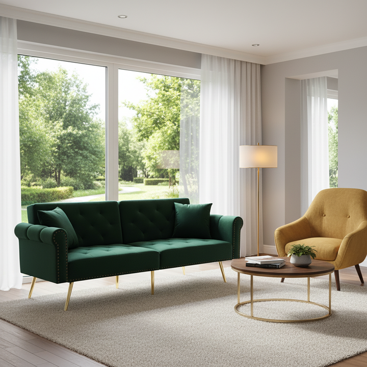 Green velvet 2-seater sofa bed with adjustable backrest and gold legs CAKDERA