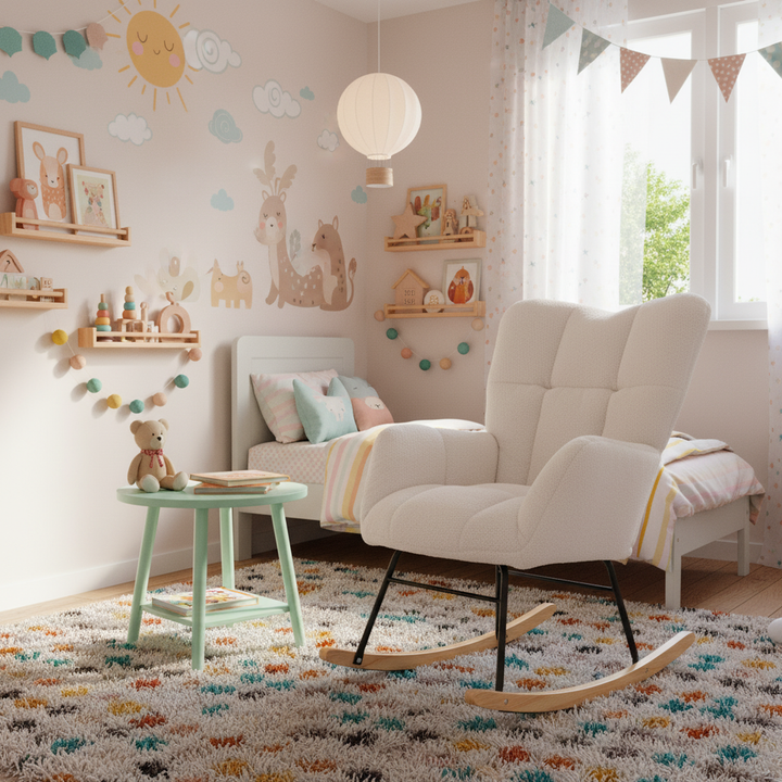 Ivory white teddy fabric tufted upholstered rocking chair SIHID UK