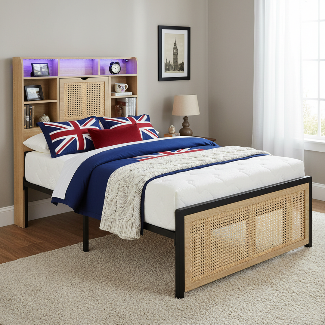 Wooden single bed with headboard storage, rattan drawer and LED lighting (90×190cm) GALLAPHID