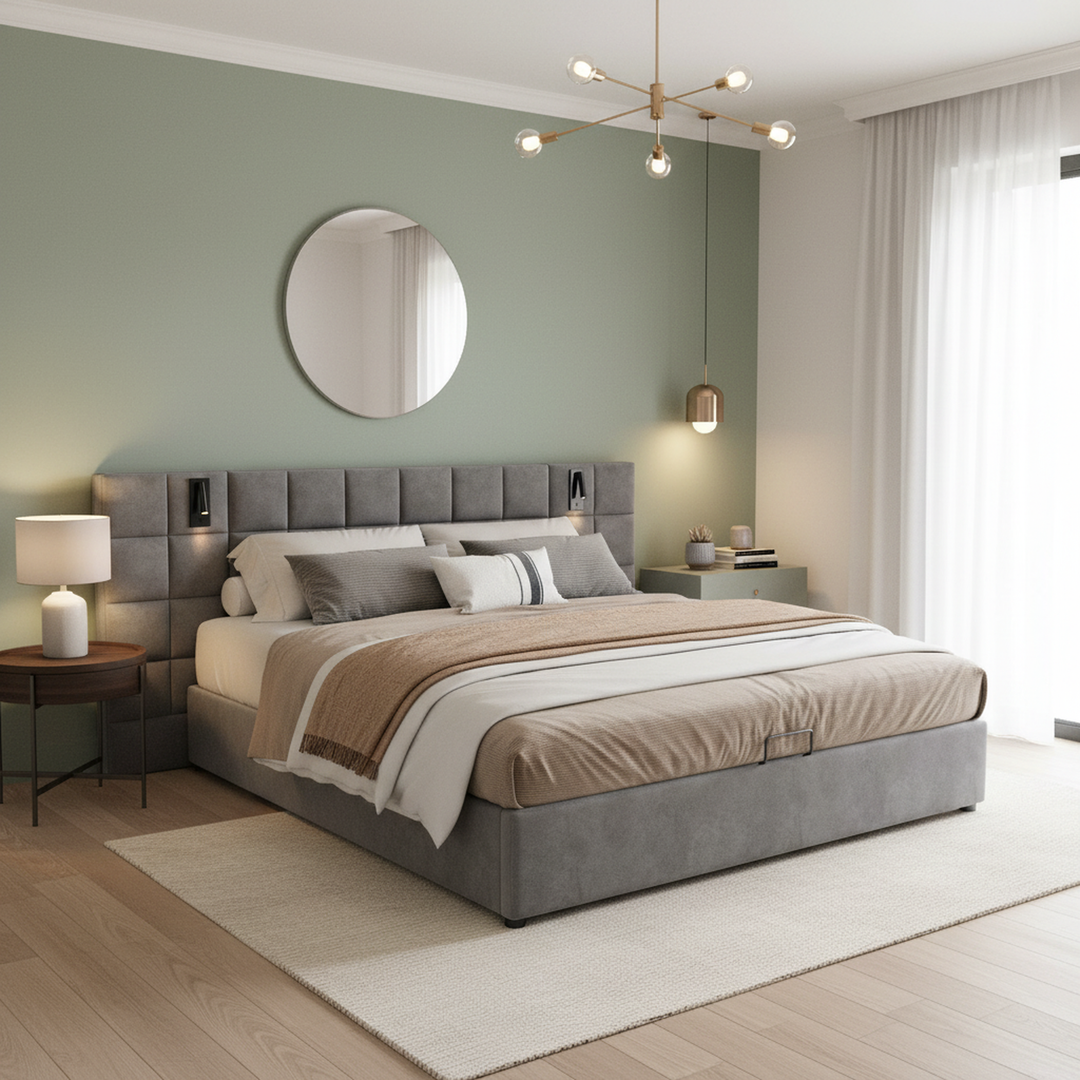 Grey velvet king size ottoman bed end opening, side lamps and charging ports (150×200cm) RECESSIVE