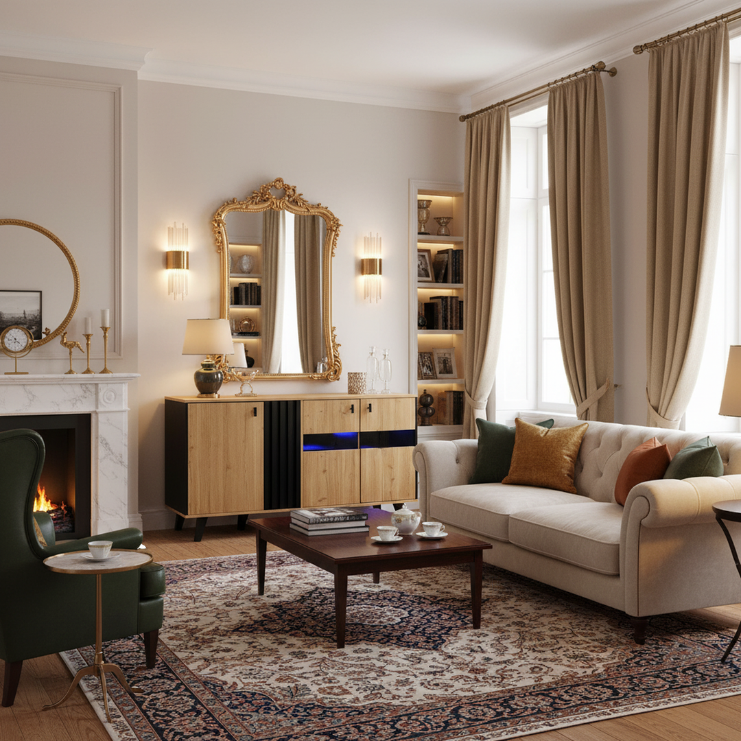 Modern wooden sideboard wood &amp; stripped black with LED lighting APOTHECI