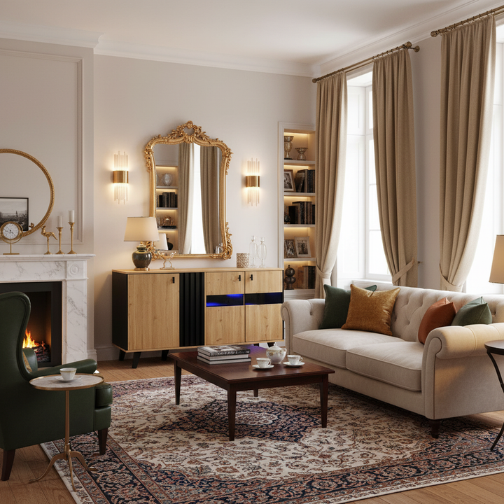 Modern wooden sideboard wood &amp; stripped black with LED lighting APOTHECI