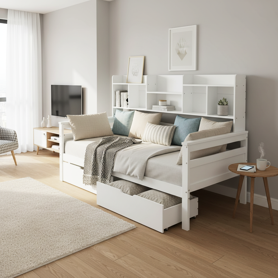 White wooden daybed with shelves and 2 drawers (90*190cm) SANDARAC