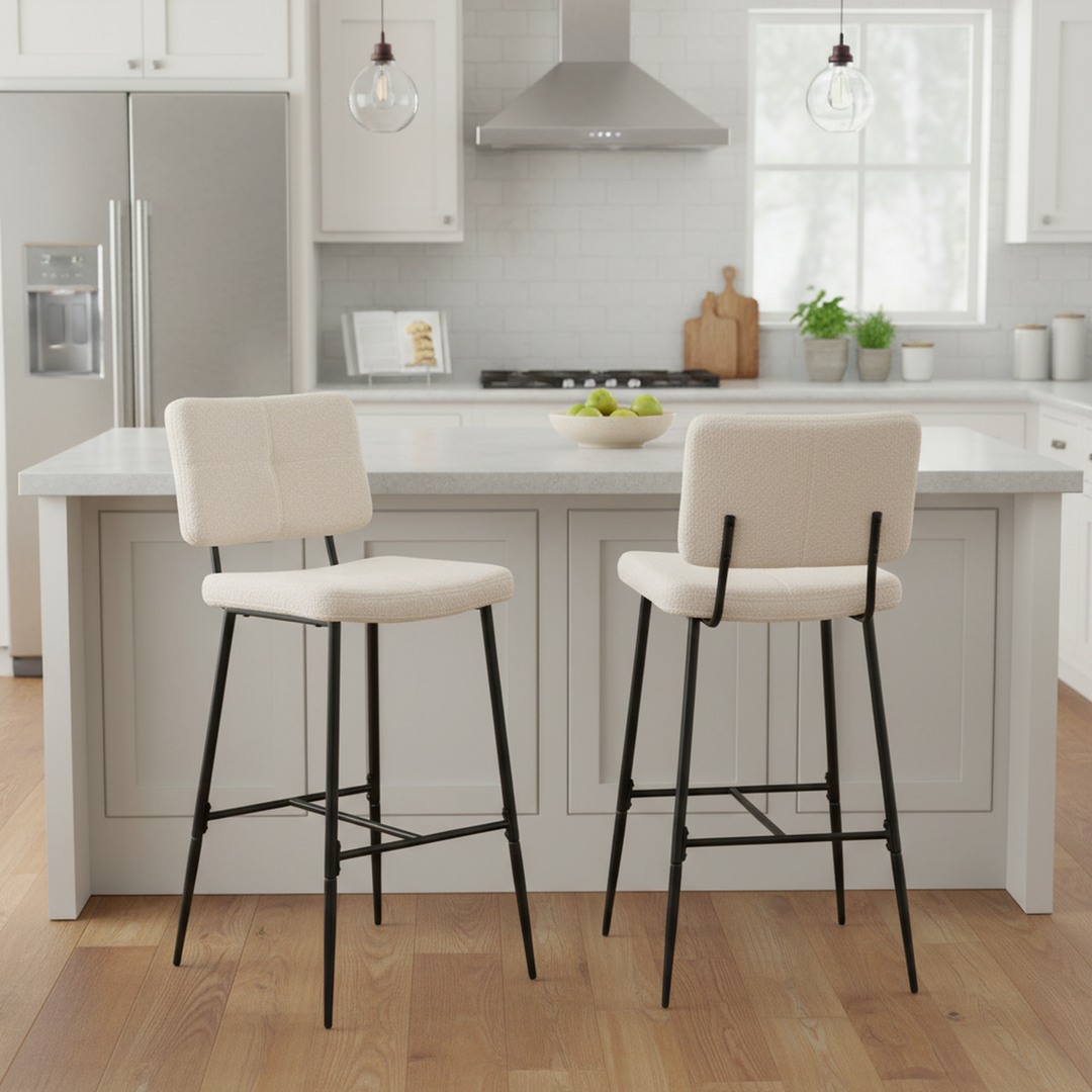 Set of 2 scandinavian beige sheepskin fabric swivel bar stools POMONA BAR 29 KD BOUCLE BEIGE