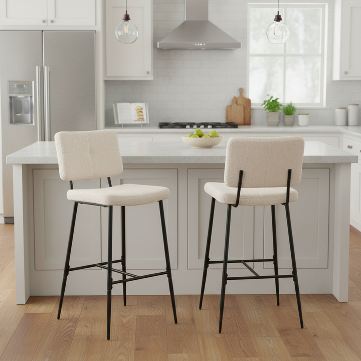 Set of 2 scandinavian beige sheepskin fabric swivel bar stools POMONA BAR 29 KD BOUCLE BEIGE