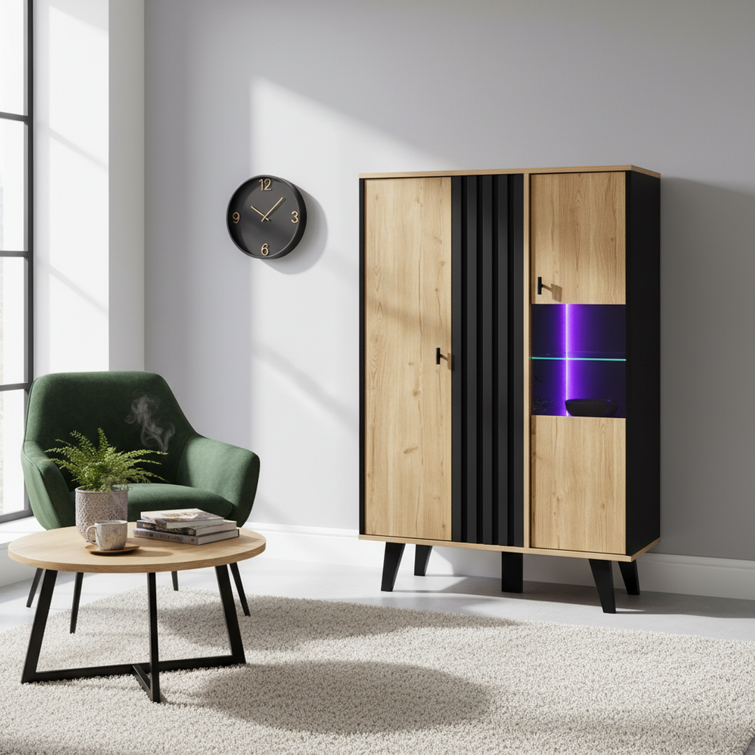 00+Sideboard black & wood with LED lighting and glass doors PROTONEM