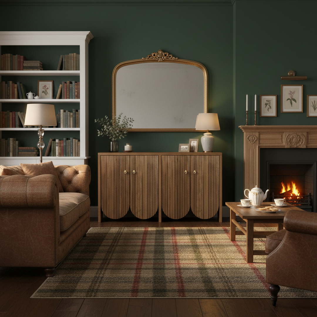 Vintage walnut look sideboard textured pattern with arched cutouts 4 doors 147×40×80cm LUNOVA