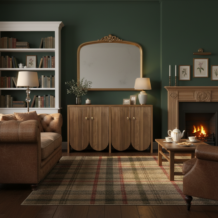 Vintage walnut look sideboard textured pattern with arched cutouts 4 doors 147×40×80cm LUNOVA