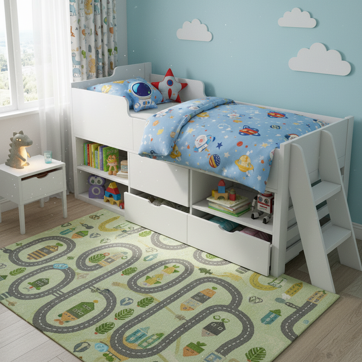 White wooden children cabin bed frame mid sleeper with drawers shelf storage MORNUL UK