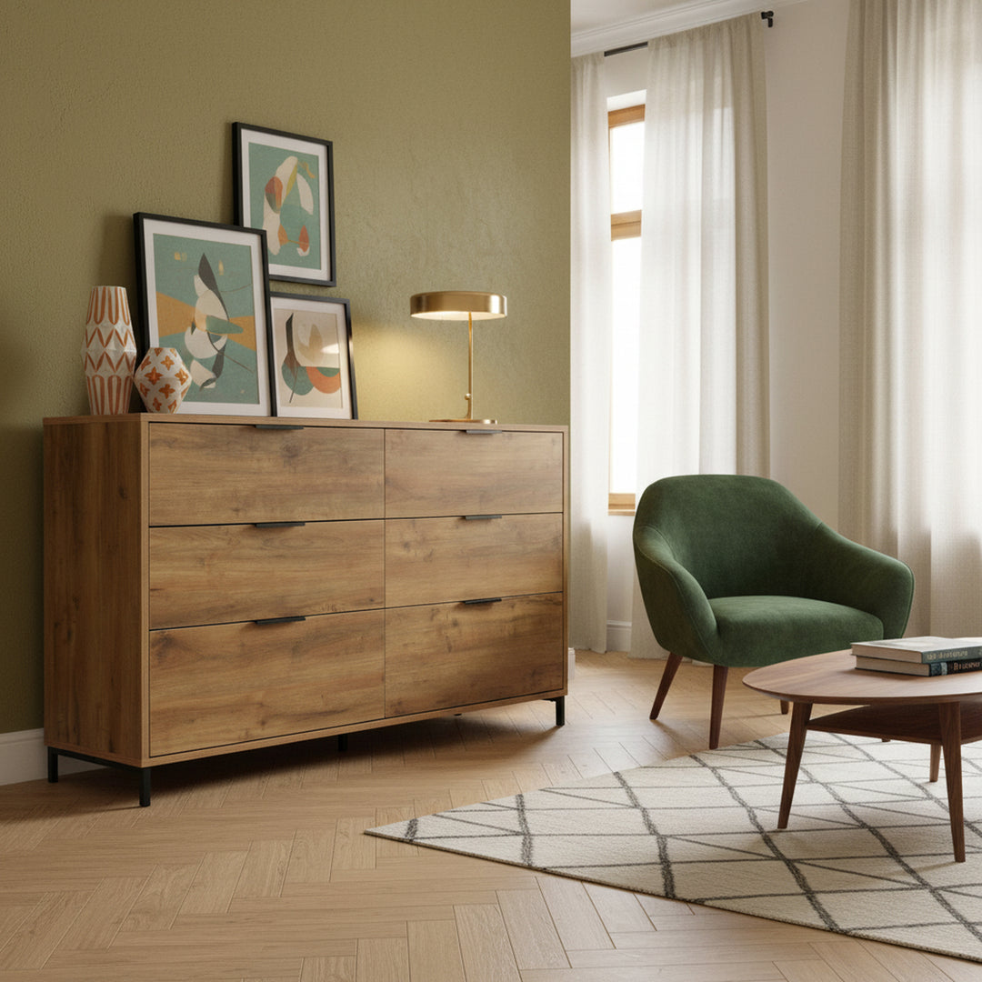 Dark oak wooden sideboard cabinet 6 drawers 120*40*76cm VANZEIDS UK