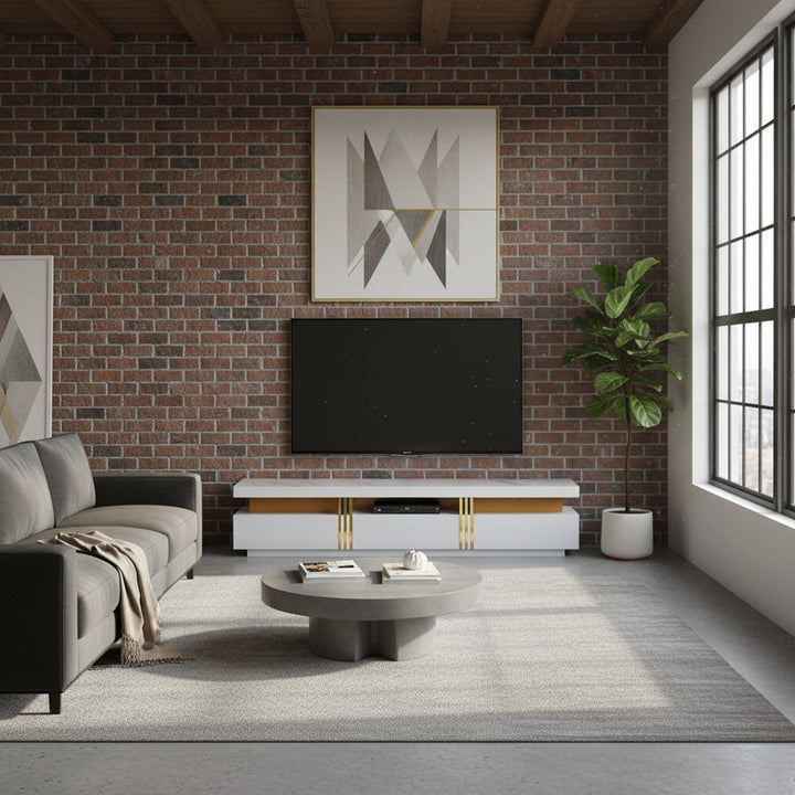 White marble pattern TV stand golden line luxury style 3 drawers VAALS UK