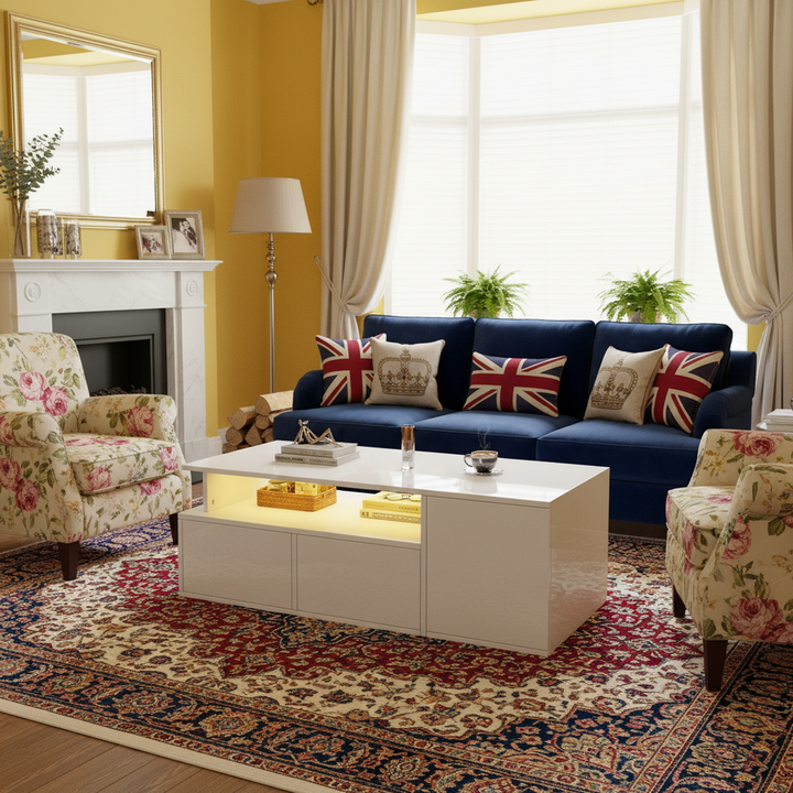 White high-gloss coffee table with LED lighting & 2 drawers SEEDCOAT