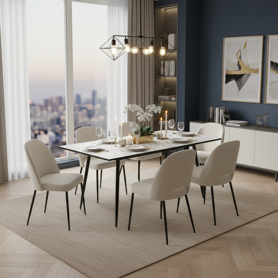 Rectangular extendable effect white marble dining table Scandinavian style gold dot feet 120-160 cm WHALEN WHITE MARBLE STRETCH TABLE BG