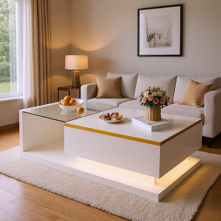 Modern high gloss white coffee table with LED lights golden accent SHEATH