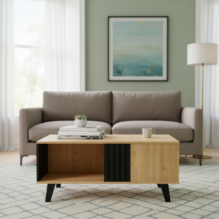 Modern wooden coffee table with black striped design, drawers & side storage WINGSEED