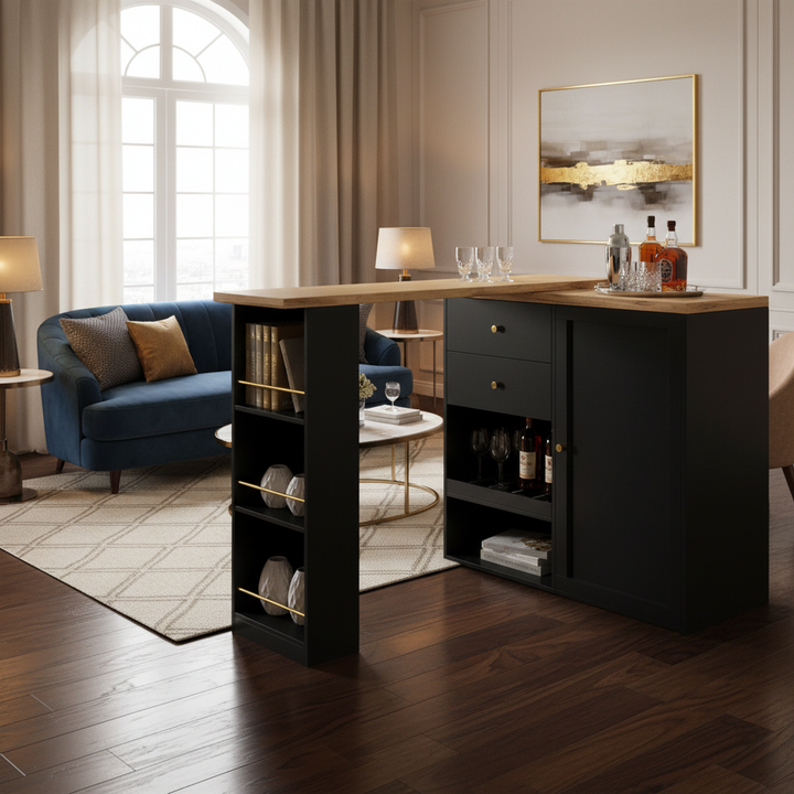 Wooden modern revolving black bar table storage OQUIX UK