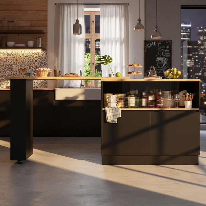 Black versatile 360° revolving dining bar table with sliding fluted glass doors GHENS BLACK UK