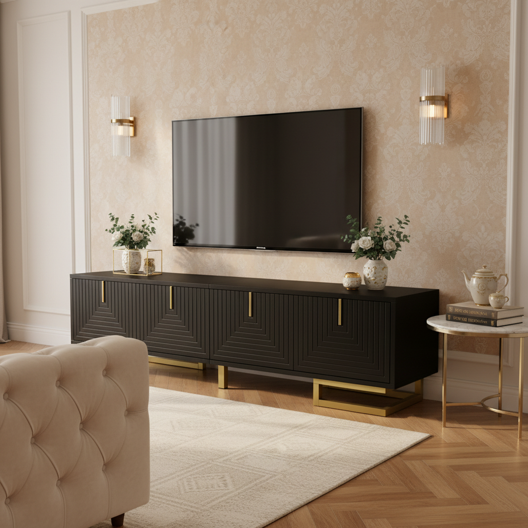Modern TV stand with textured doors and golden accents SINGULARITYHUB