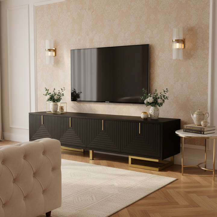 Modern TV stand with textured doors and golden accents SINGULARITYHUB
