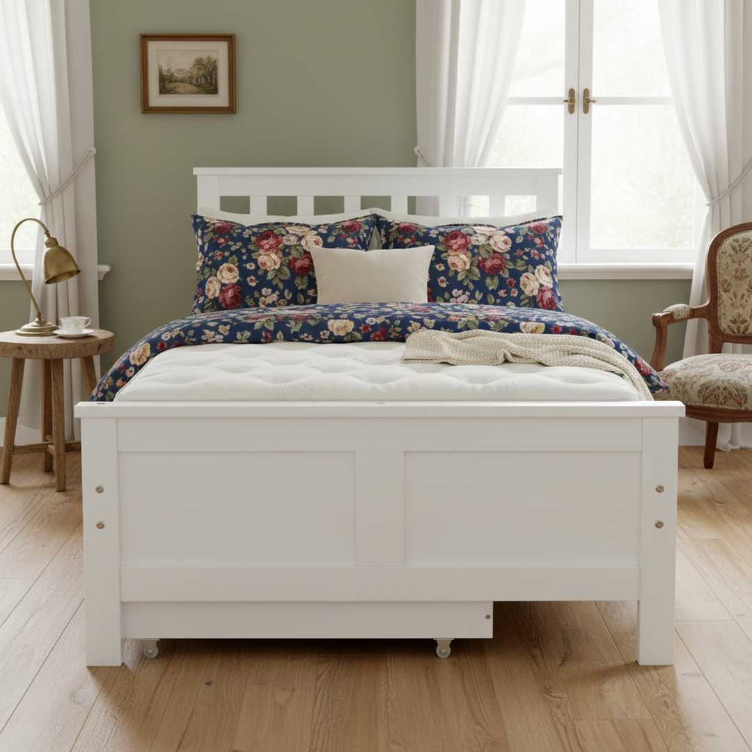 White wooden single bed with 2 drawers (90×190cm) FOOTPRINT