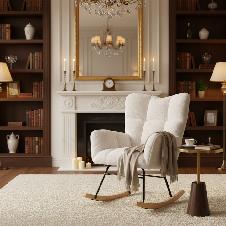 Ivory white teddy fabric tufted upholstered rocking chair SIHID UK