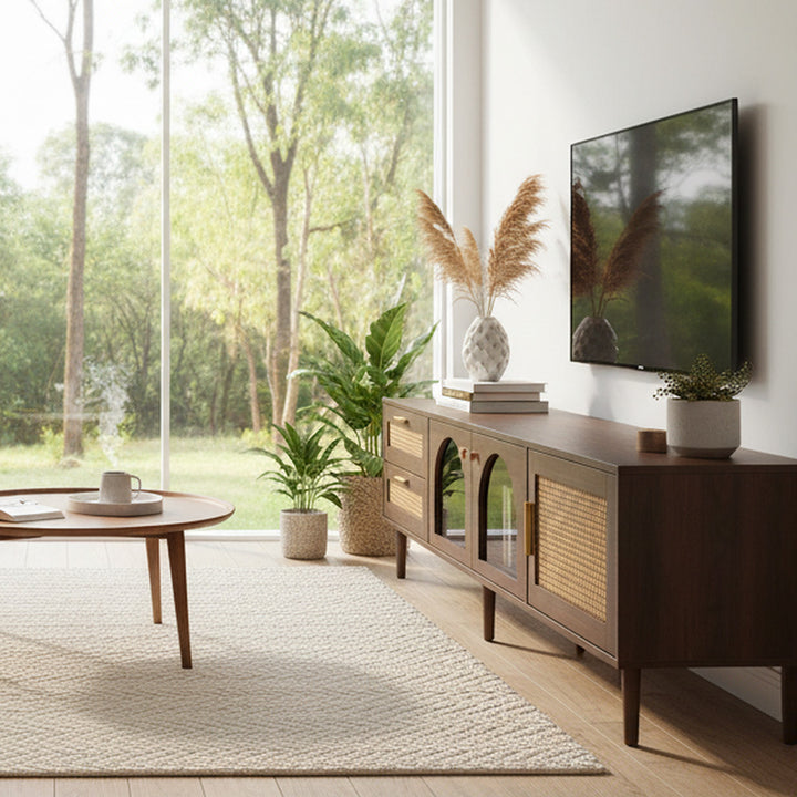 Vintage style walnut brown wooden TV cabinet with LED 180cm TRURKAN UK