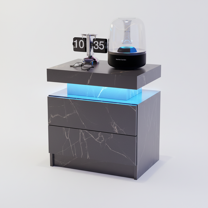 Black marble-look nightstand LED bedside table cabinet with 2 drawers FROSTWORK