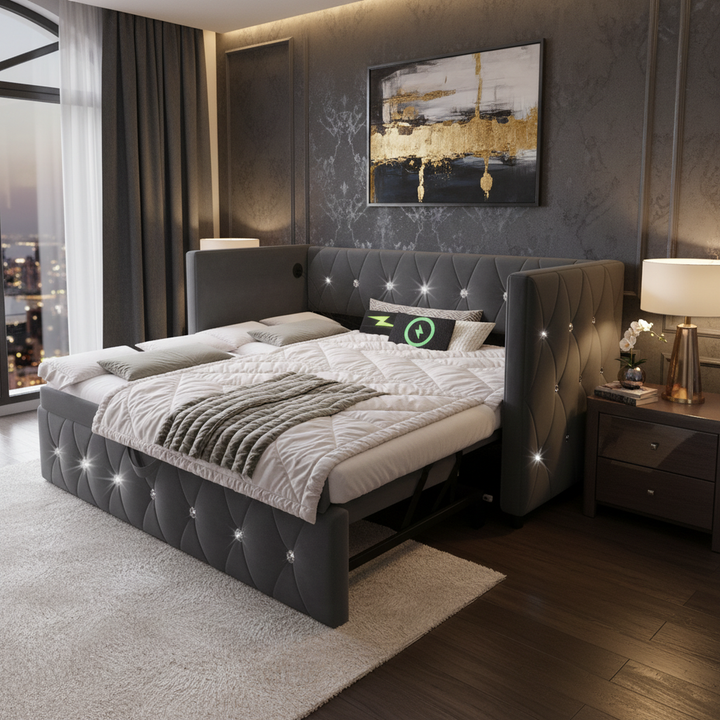 Grey velvet single upholstered guest day bed diamond design with trundle, USB charging STEKZEL GREY UK