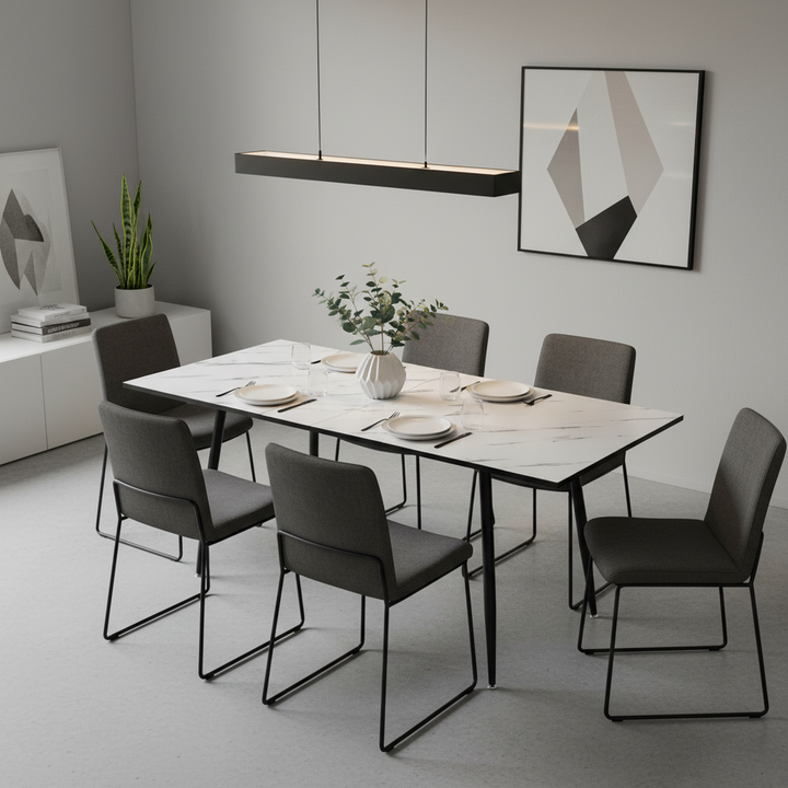 Rectangular extendable effect white marble dining table Scandinavian style gold dot feet 120-160 cm WHALEN WHITE MARBLE STRETCH TABLE BG