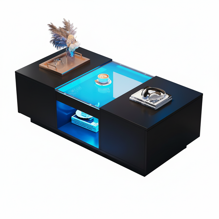 Black glass LED lighting coffee table with storage 100×50×35.5cm ALGORITH