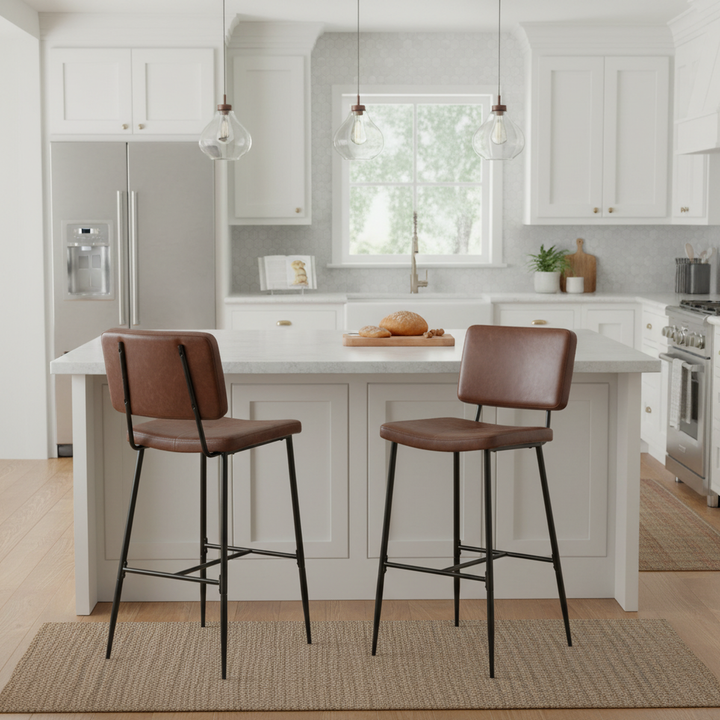 Set of 2 retro industrial brown oiled leather bar stools with footrest POMONA BAR 29 KD BROWN