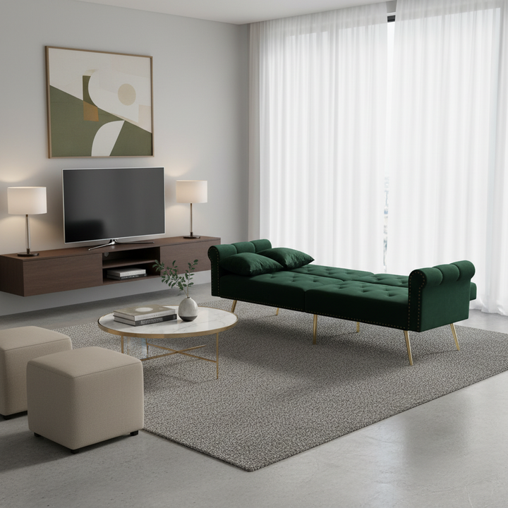 Green velvet 2-seater sofa bed with adjustable backrest and gold legs CAKDERA
