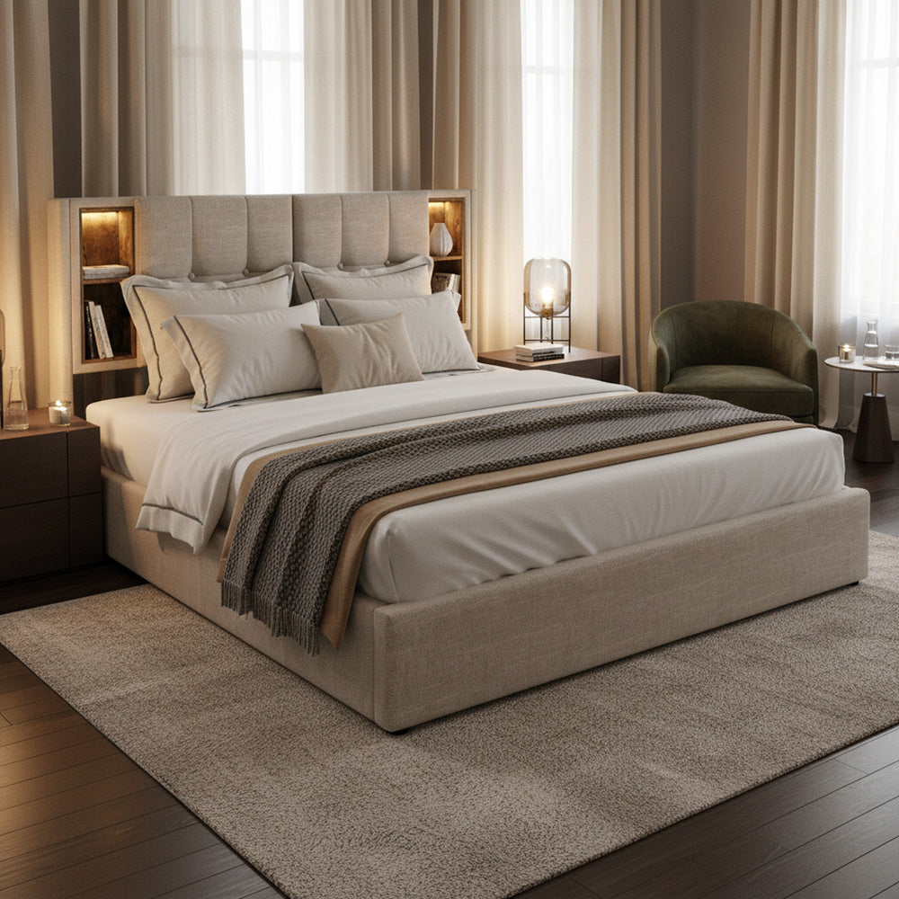 Beige linen upholstered gas lift storage double bed + wireless charging headboard OGAET BEIGE DOUBLE UK