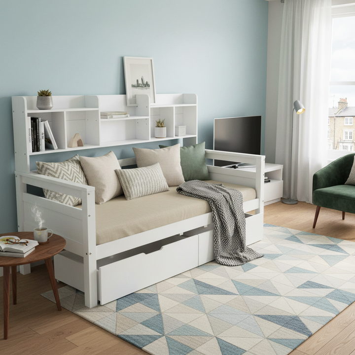 White wooden daybed with shelves and 2 drawers (90*190cm) SANDARAC