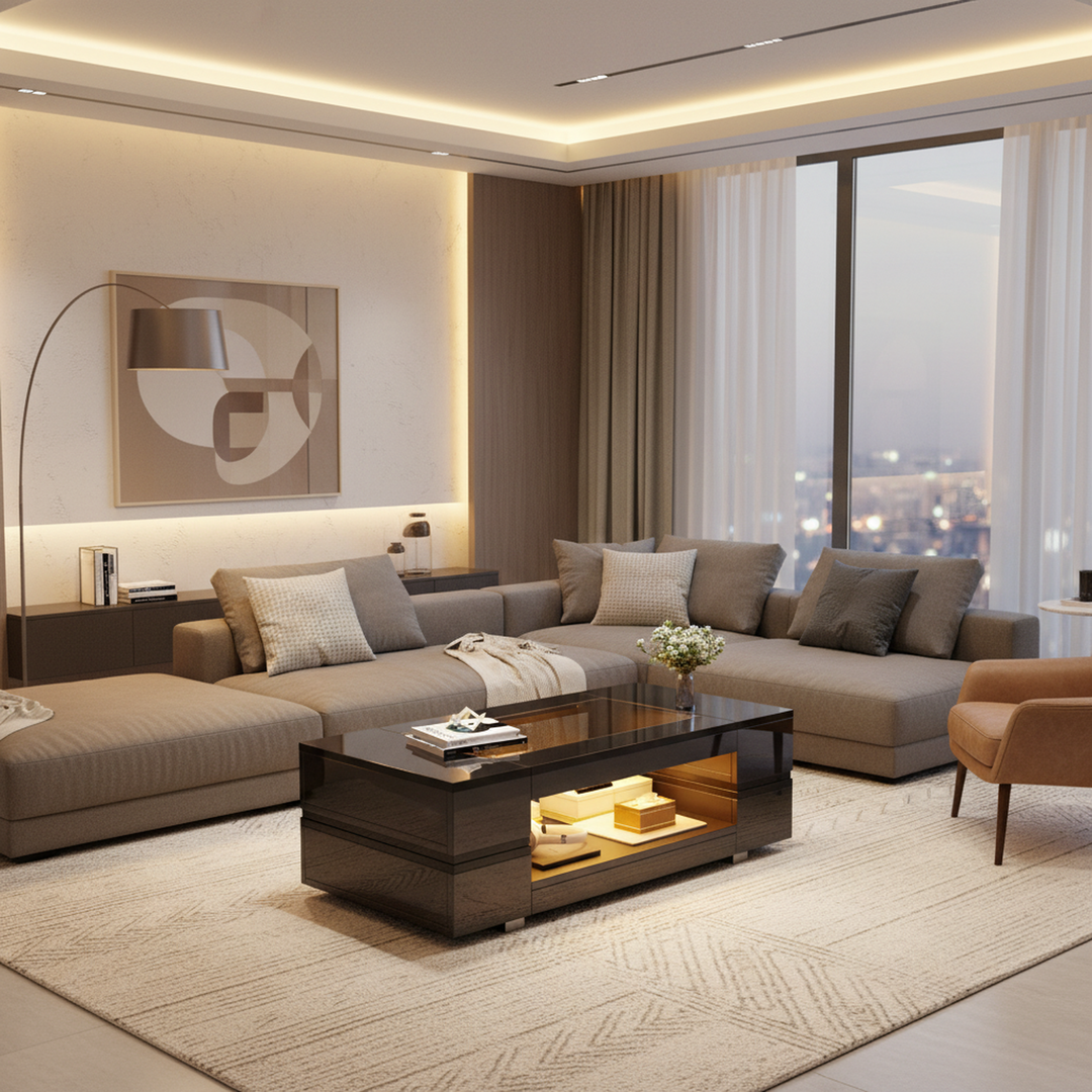 Black hollow LED coffee table with open storage and glass top 100×50×35cm SEAHORSETAIL