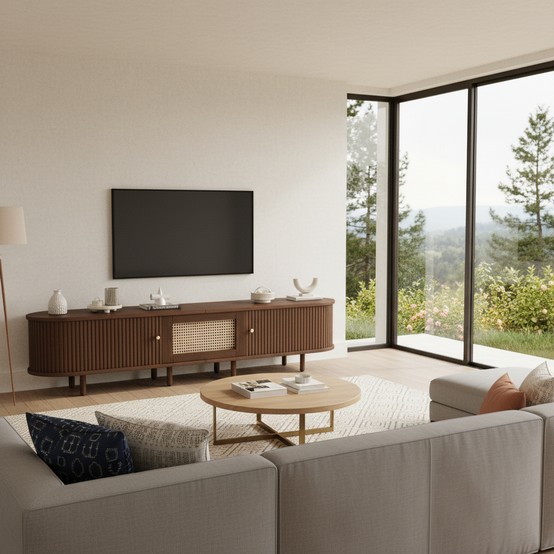 Retro walnut TV stand oval rounded corners 2 slide doors 180×40×40cm SOREN