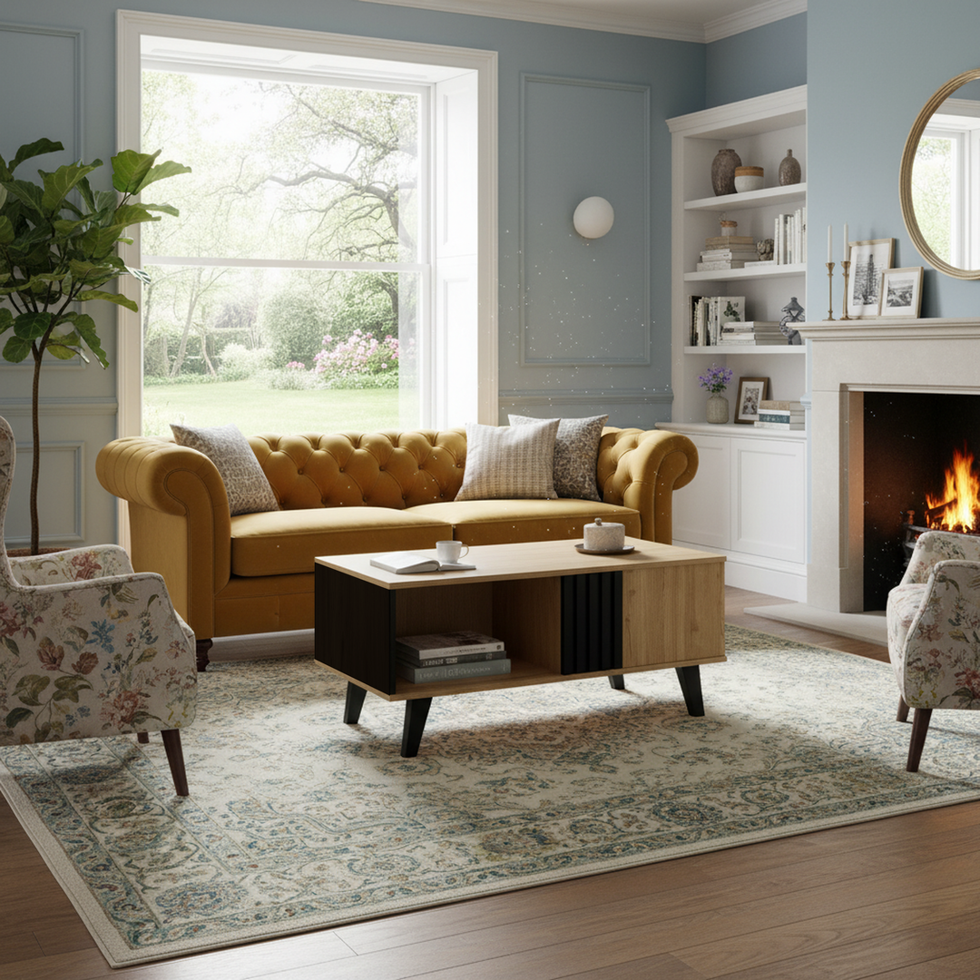 Modern wooden coffee table with black striped design, drawers & side storage WINGSEED