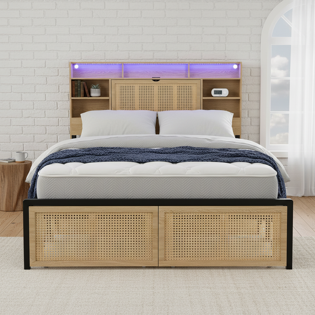 Wooden double bed with headboard storage, rattan drawer and LED lighting (135×190cm) HYDATHOD