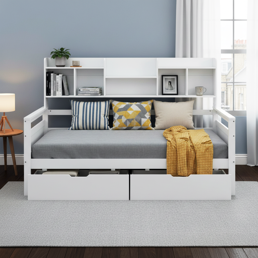 White wooden daybed with shelves and 2 drawers (90*190cm) SANDARAC