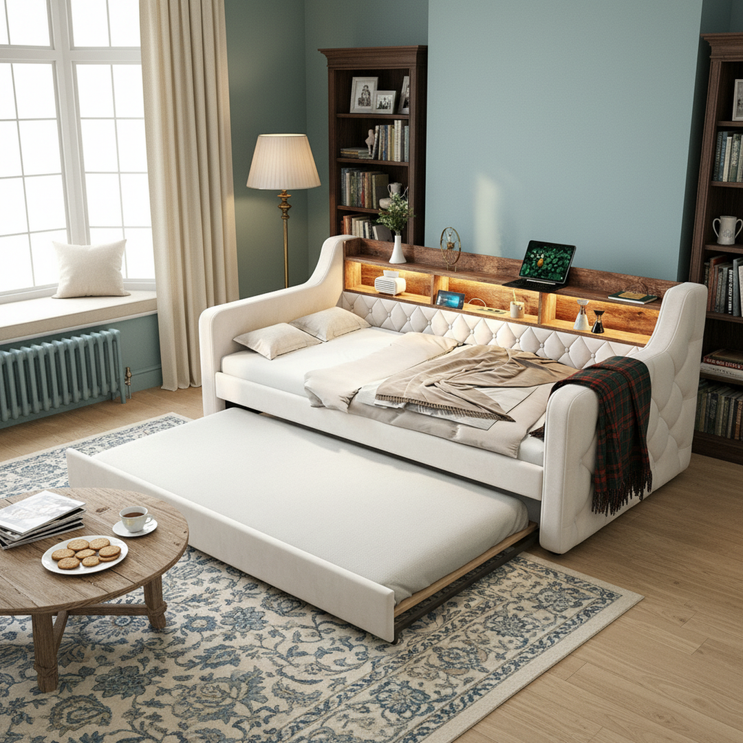 Beige velvet tufted button daybed with rustic wood shelves, lighting LED and charging port (90×190cm) TIDAL