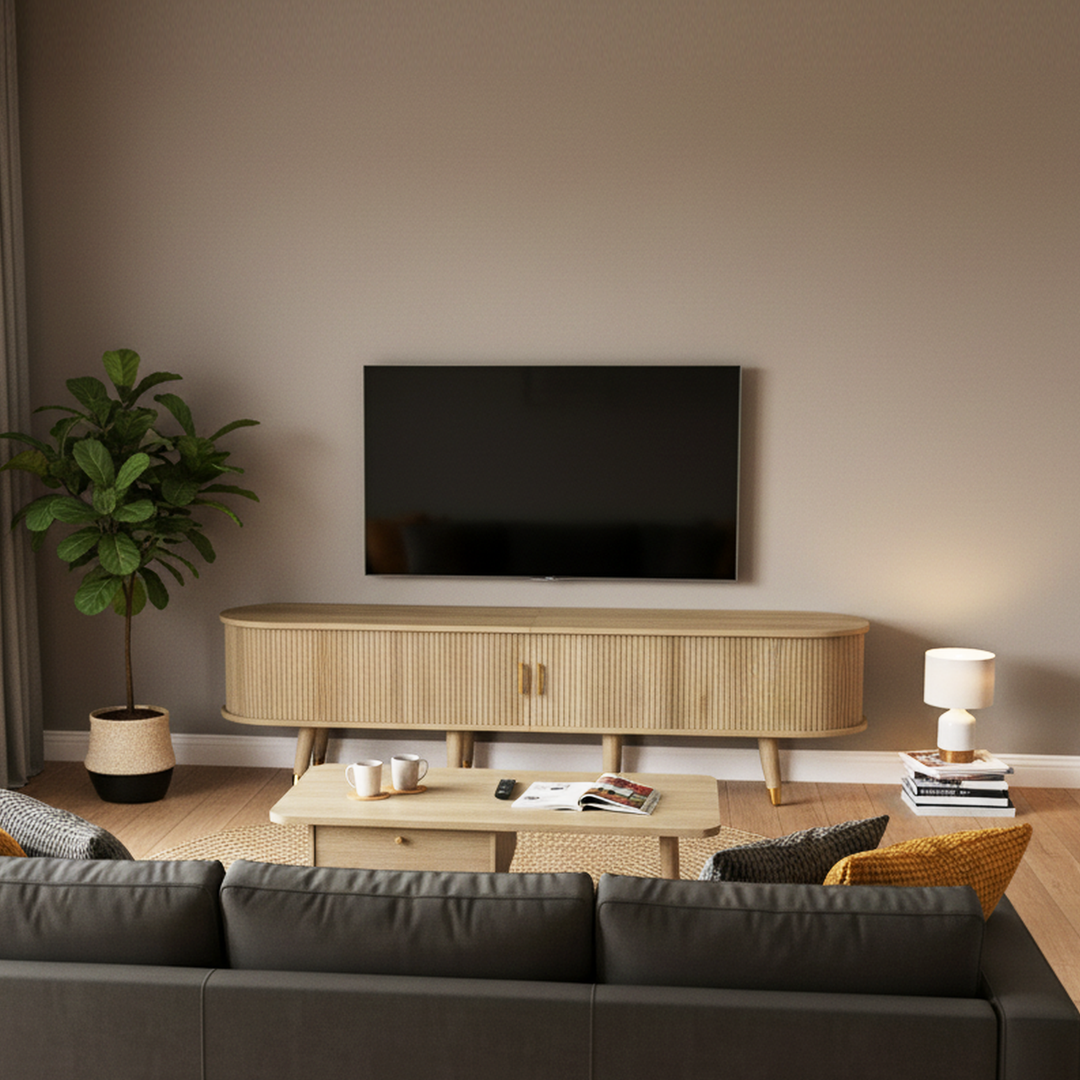 Light oak textured TV stand with 2 sliding doors and 2 drawers NANOFIB