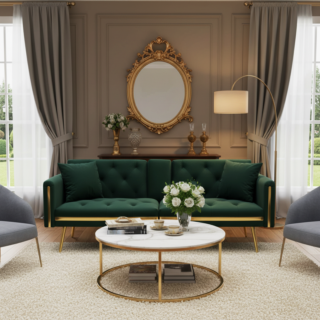 Green tufted velvet 2-seater sofa bed with adjustable backrest and hidden cup holders golden accent HYDROPON