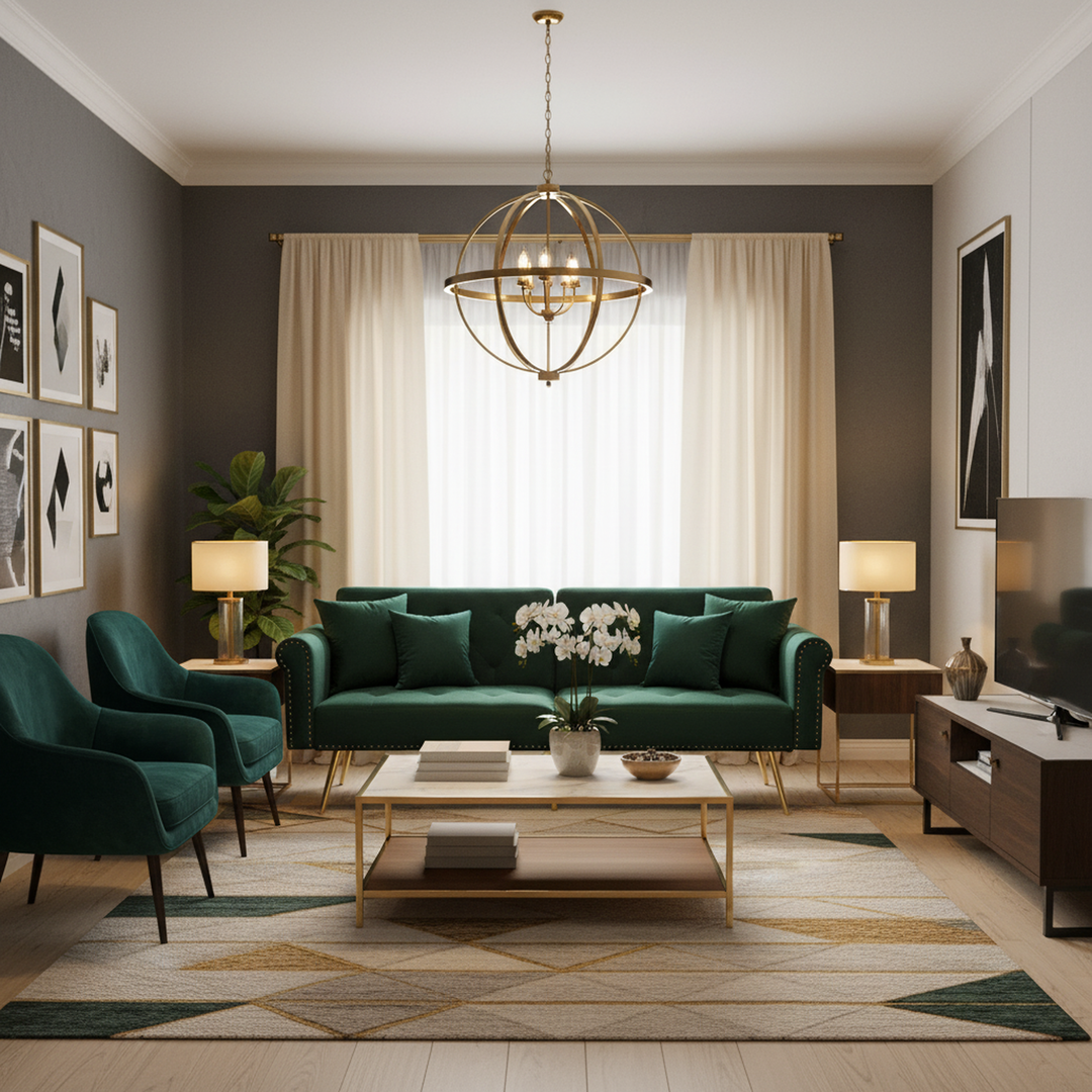Green velvet 2-seater sofa bed with adjustable backrest and gold legs CAKDERA