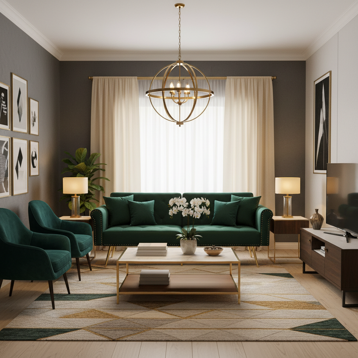 Green velvet 2-seater sofa bed with adjustable backrest and gold legs CAKDERA