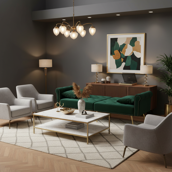 Green velvet 2-seater sofa bed with adjustable backrest and gold legs CAKDERA